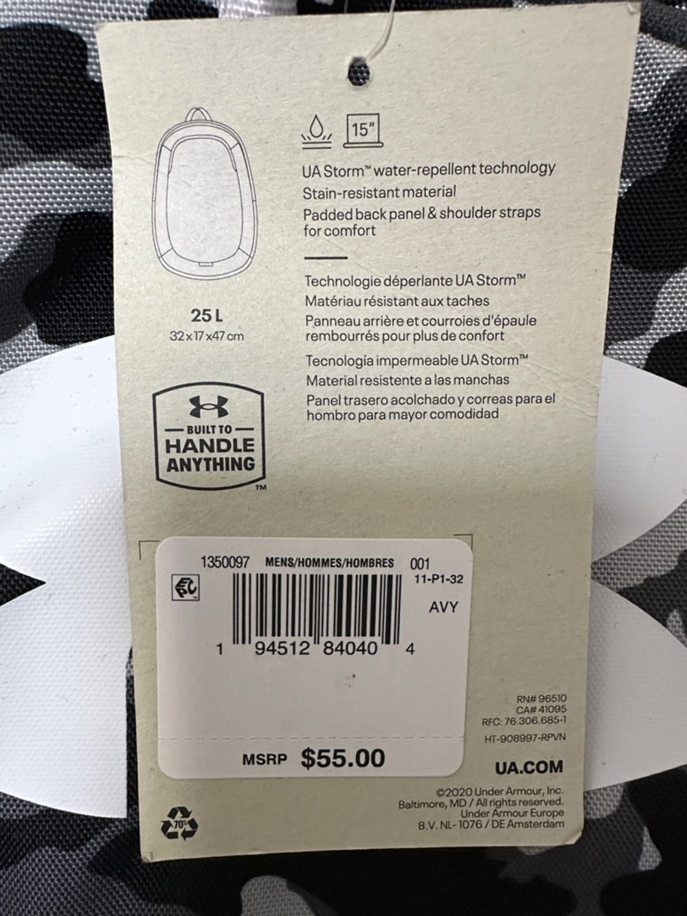 Under Armour Men’s Black & Gray Camo Backpack with White Accents - Picture 2 of 9
